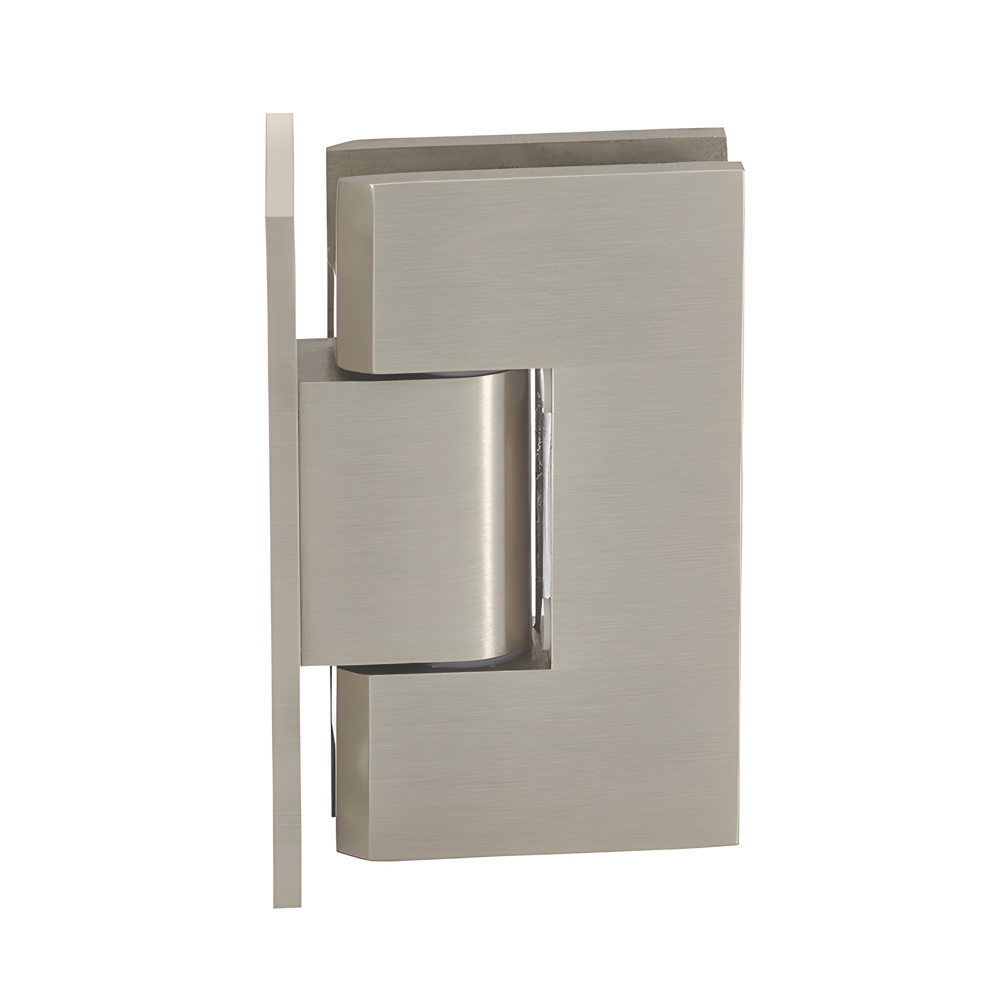 Brushed nickel Vienna positive-close shower hinge (V1E067BN) for 3/8-1/2" tempered glass, solid brass wall-mount
