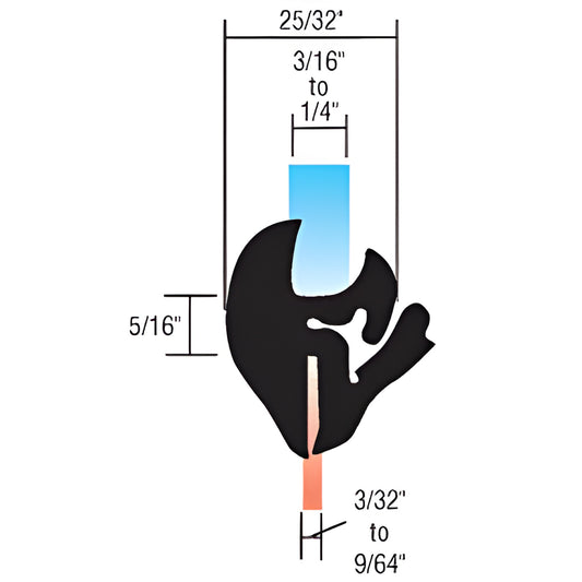 AS987 50' black EPDM self-sealing weatherstrip, 25/32" wide, fits 3/16-1/4" glass, 3/32-9/64" body.