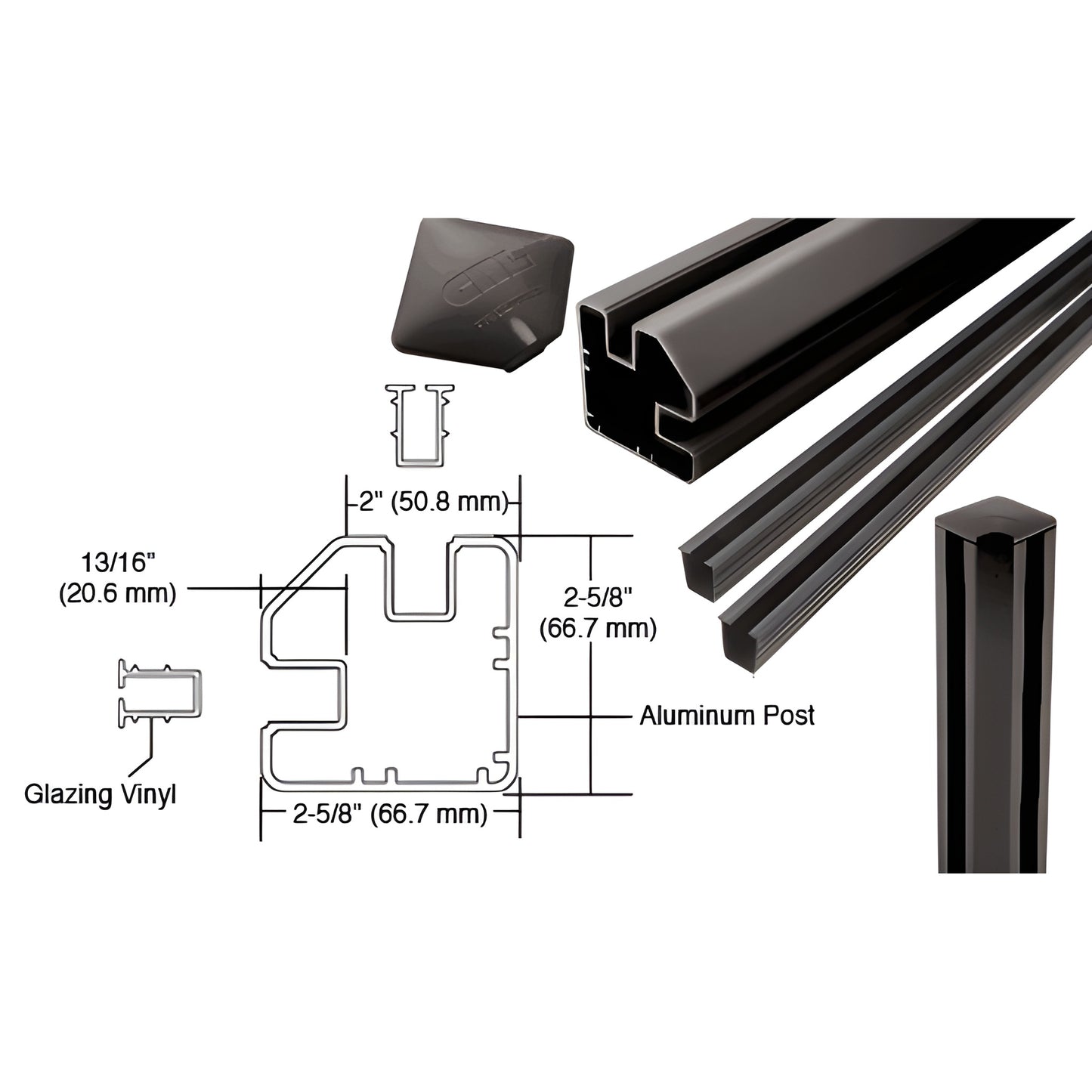 Matte black 72 in aluminum corner post kit (SKU S72CRKBL) for 90 frameless glass, fits 1/4-1/2 in glazing.