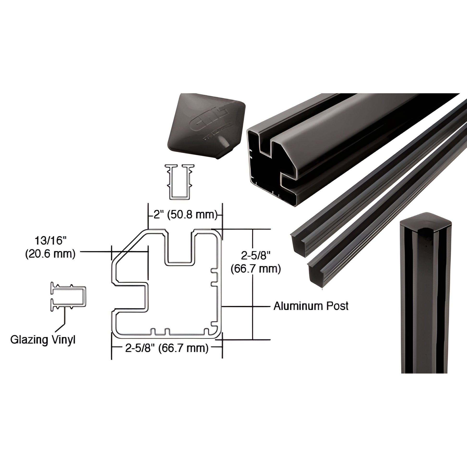 Matte black 48in aluminum 90-degree corner post kit with cap and glazing vinyl for 1/4-1/2in glass (SKU S48CRKBL)