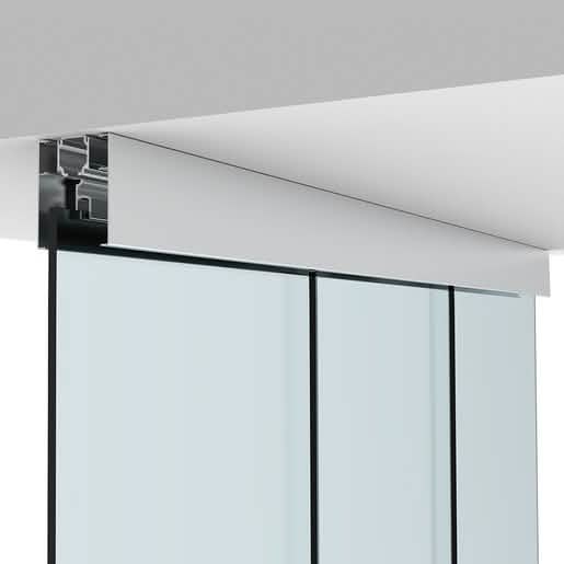 Sleek CRL70 Satin Anodized Single Sliding Door Kit with Two Fixed Panels, Ceiling Mount.