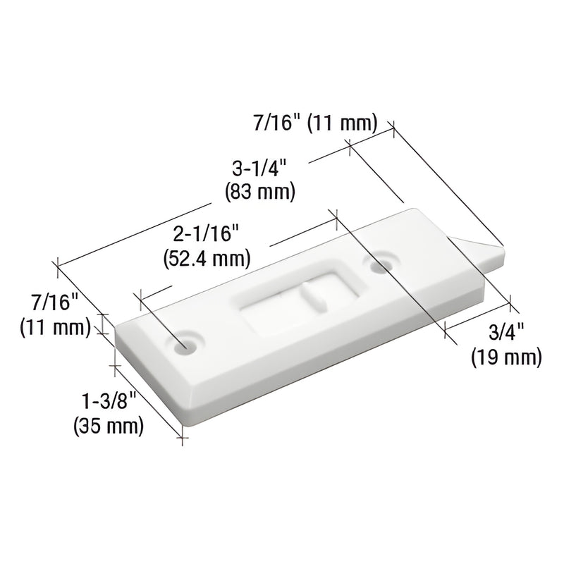 White plastic spring-loaded window tilt latch set left & right, 3-1/4 in long, SKU F2722