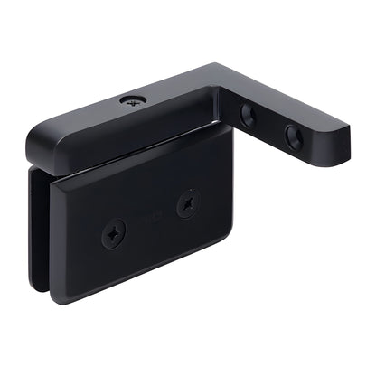 Matte black beveled brass pivot hinge for frameless shower glass, left-hand wall mount (SKU PPH05LMBL)