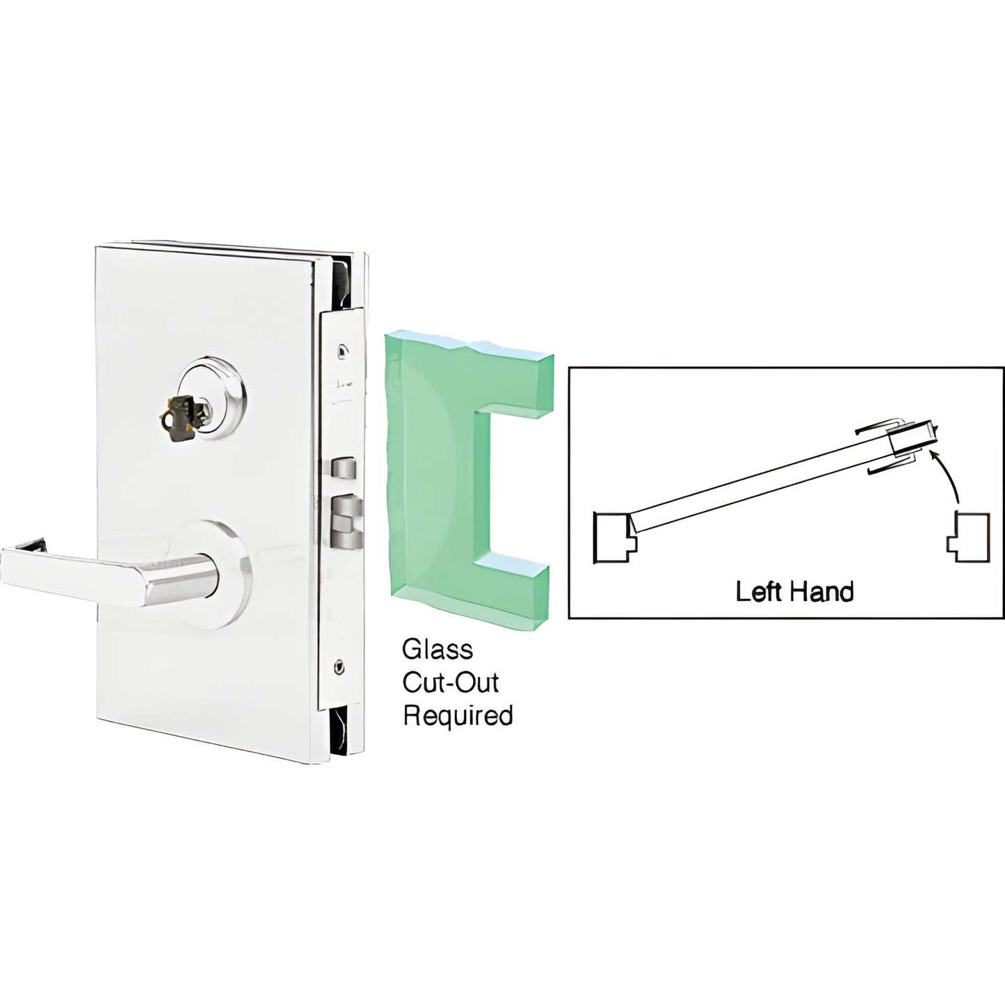 DL610LSSC satin anodized 6x10 center lock with lever, left-hand, for 1/2 tempered glass (glass cut-out required)