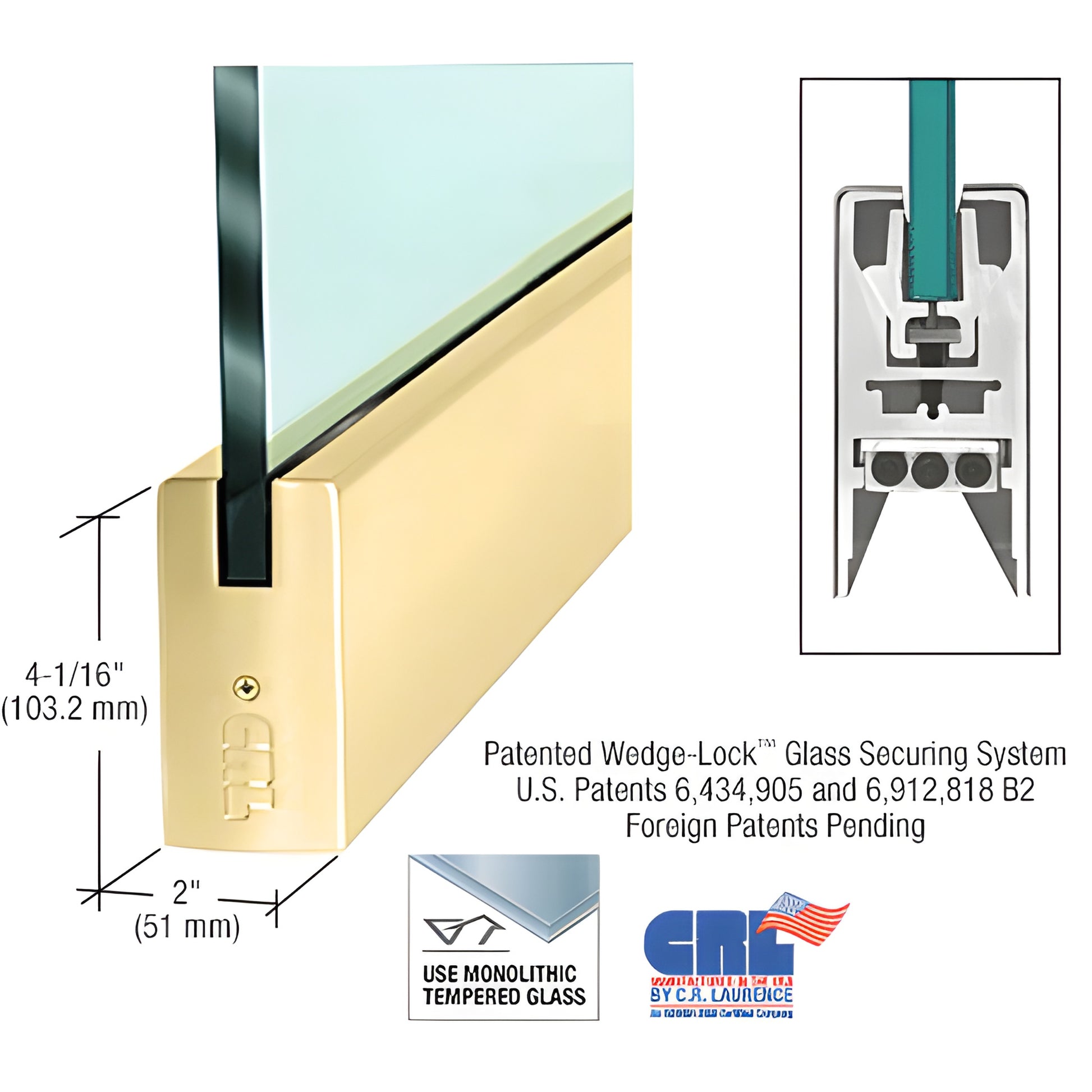 Polished brass 35-3/4" CRL Wedge-Lock door rail (DR4SPB12S), 4-1/16" H x 2" W for 1/2" glass.