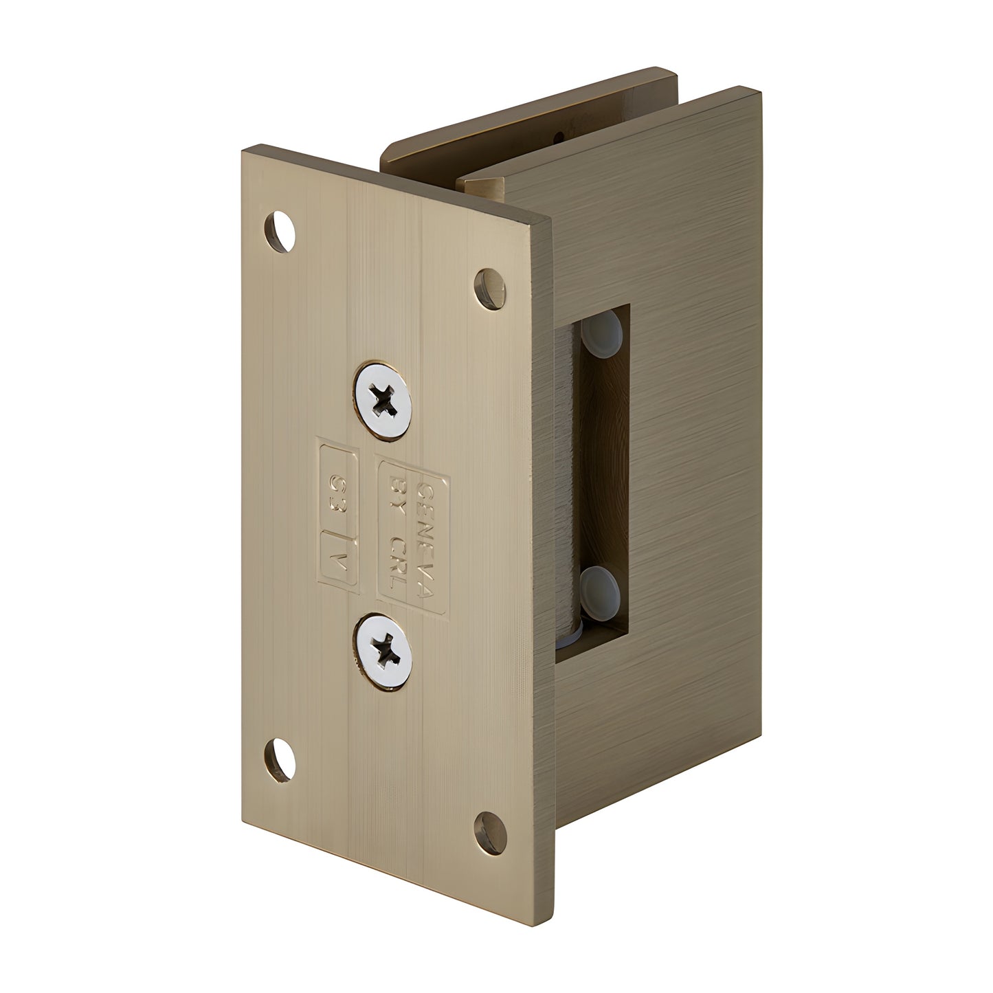 Brushed bronze brass Geneva shower door hinge, wall-mount full back plate, fits 8-12mm glass (SKU GEN037BBRZ)