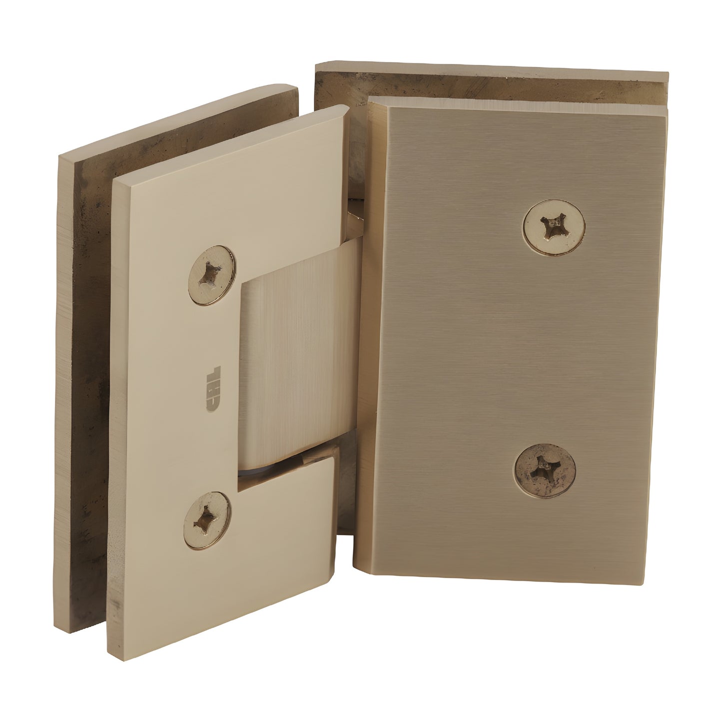 Satin brass squared Vienna glass-to-glass shower hinge V1E045SB, 135 frameless, solid brass