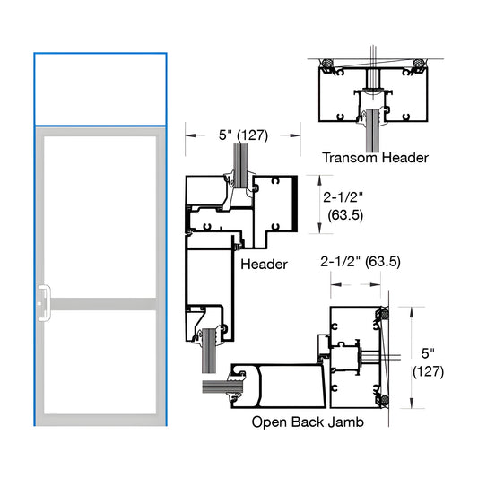 Custom Kynar single-transom impact door frame showing door, transom glazing and jamb/header cross-sections. SKU 0P61571