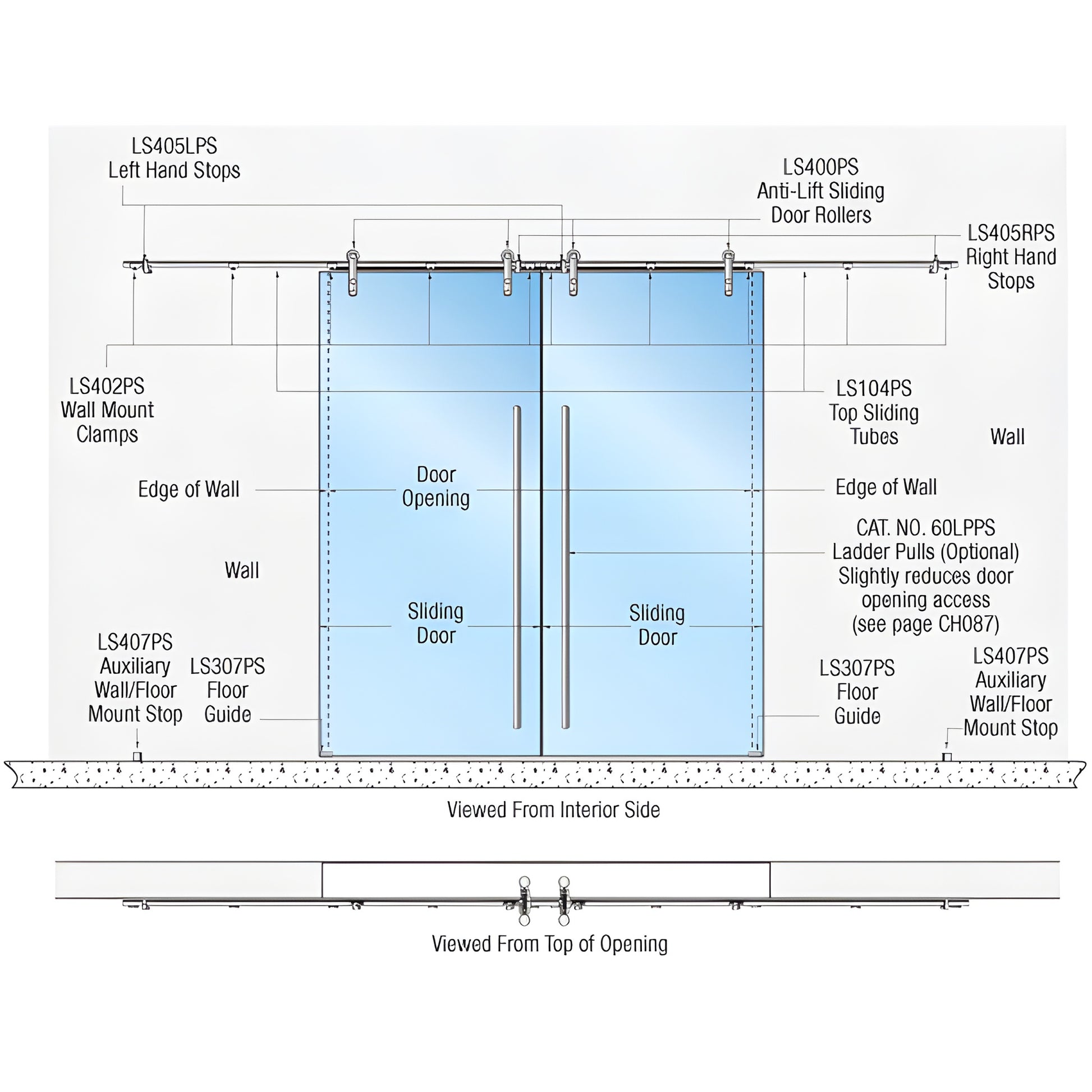 LSWM6PS Laguna wall-mount bi-parting stainless steel sliding door kit for 3/8" or 1/2" tempered glass, anti-lift