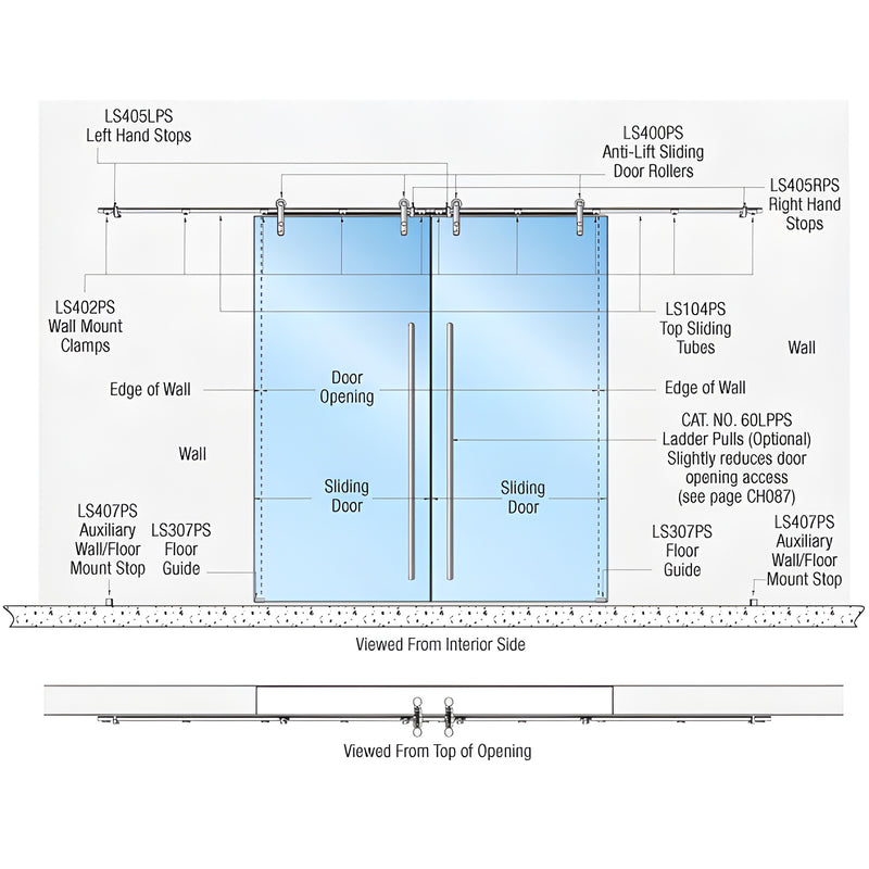 LSWM6PS Laguna wall-mount bi-parting stainless steel sliding door kit for 3/8" or 1/2" tempered glass, anti-lift