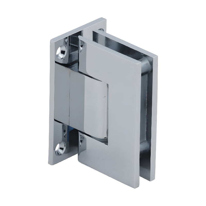 GEN337CH polished chrome adjustable Geneva shower door hinge, full back plate, solid brass, fits 8-12mm glass.