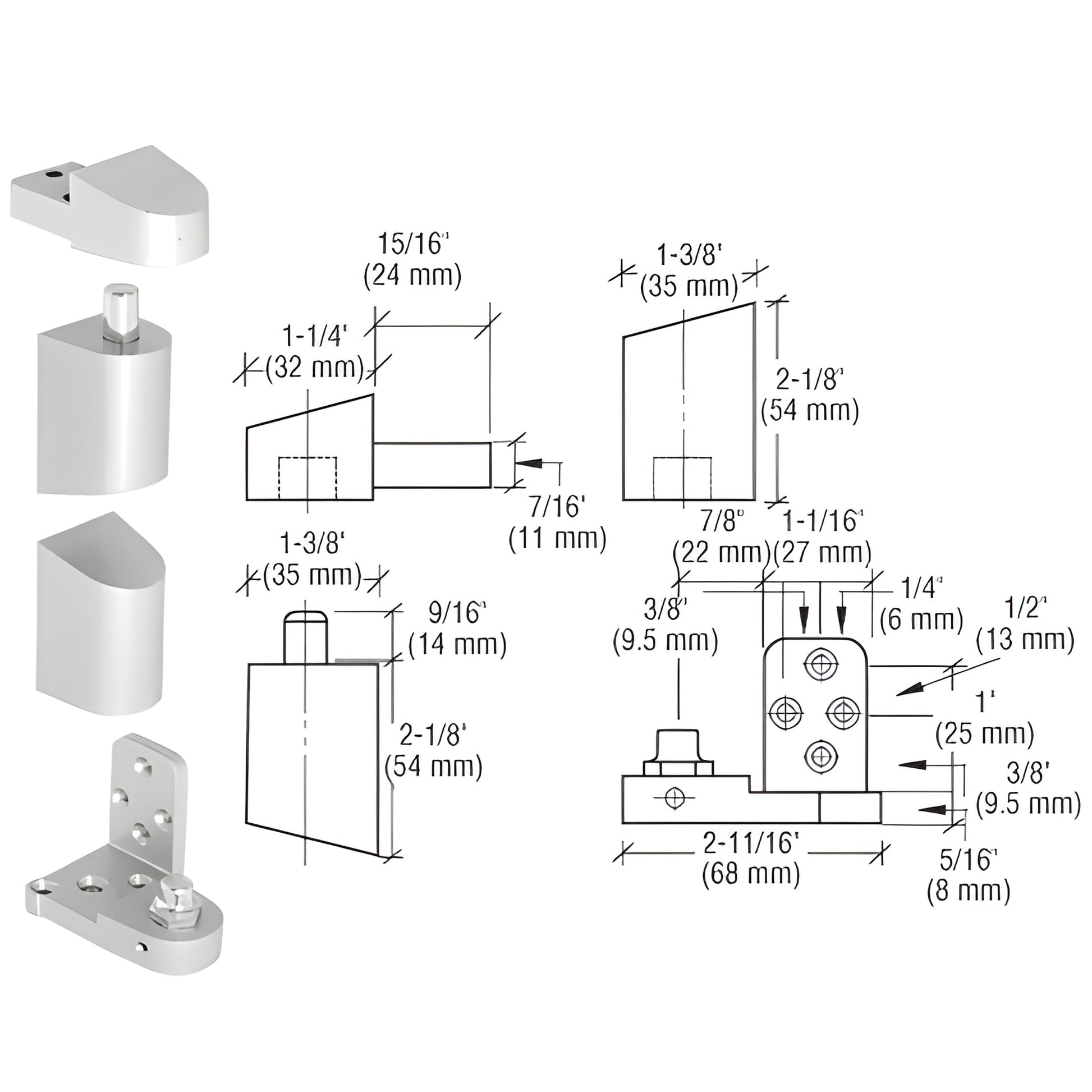 CRL offset pivot set (left hand, aluminum) with photos of diecast components and technical dimensional drawings. SKU 0P41LHA
