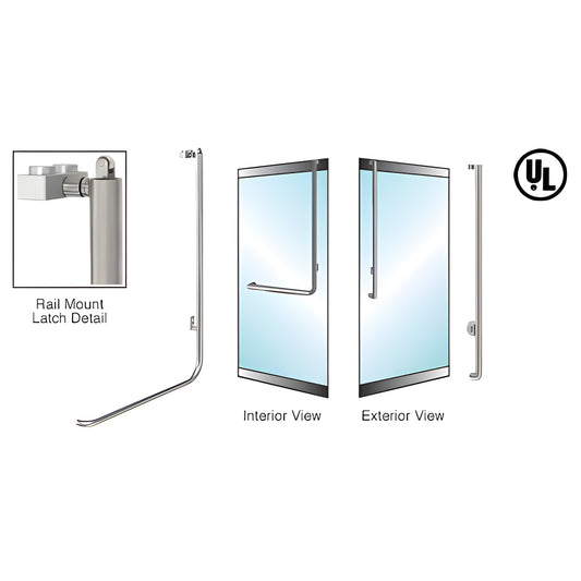 Brushed stainless steel tubular panic handle (PA100J3LKBS) low-profile rail mount for 1/2-3/4 tempered glass doors.
