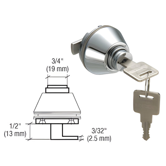 CRL LK87C satin chrome brass sliding glass door lock with L-shaped plunger and two keys for 1/4" glass