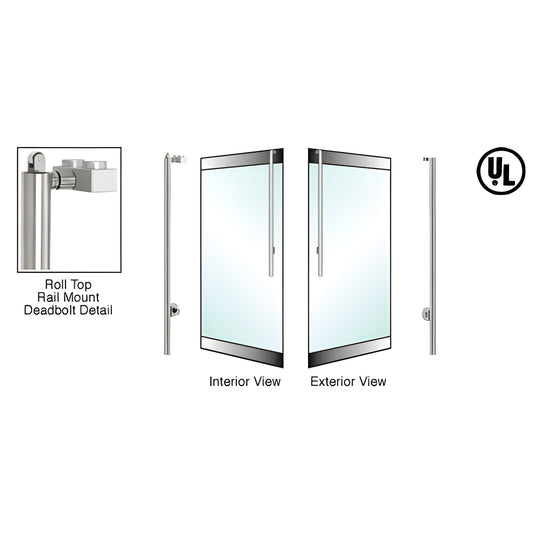 DBR170JS3R1BS brushed stainless 1-1/4 in rail-mount deadbolt handle for 1/2 in tempered glass doors, interior/exterior views