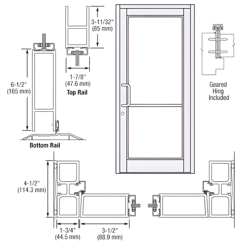 Durafront MS commercial exterior door, white Kynar finish, push/pull handle, MS hookbolt lock, 6-1/2" bottom rail (SKU DC8185
