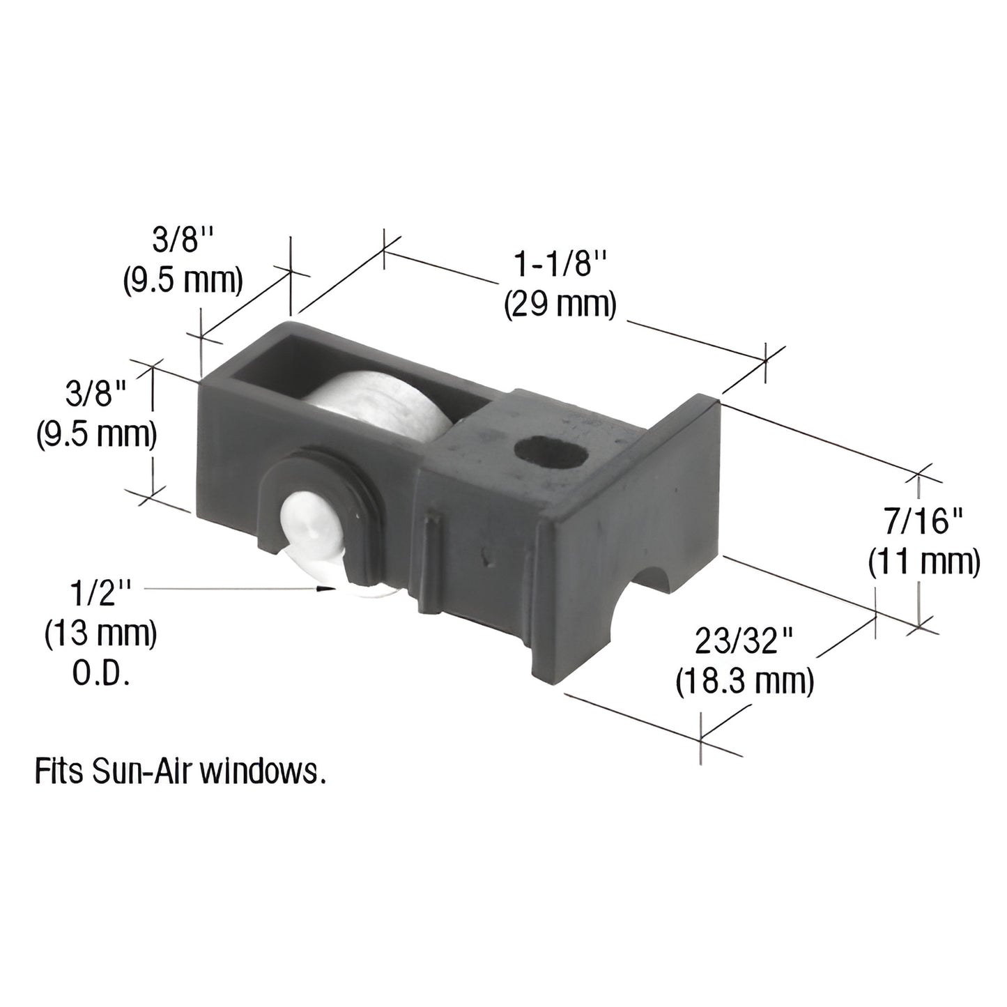 Sun-Air window replacement roller assembly (SKU G3143) with nylon housing, 1/2" steel flat roller, 23/32" wide.
