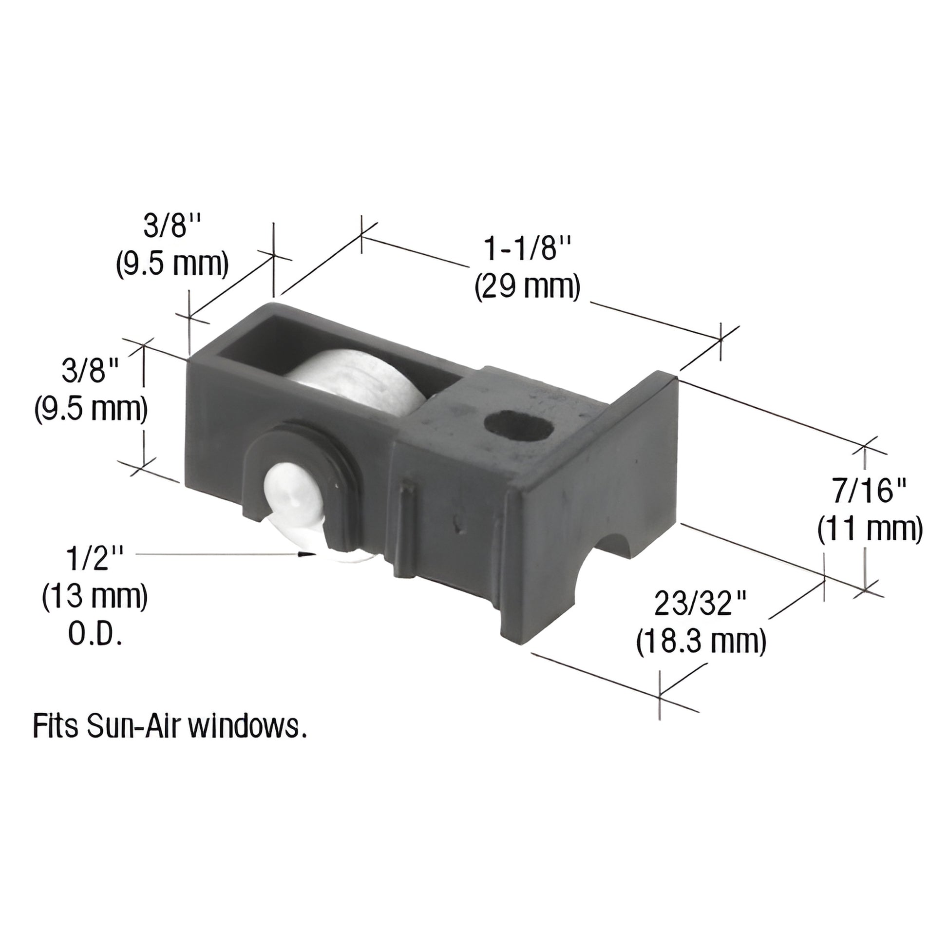 Sun-Air window replacement roller assembly (SKU G3143) with nylon housing, 1/2" steel flat roller, 23/32" wide.