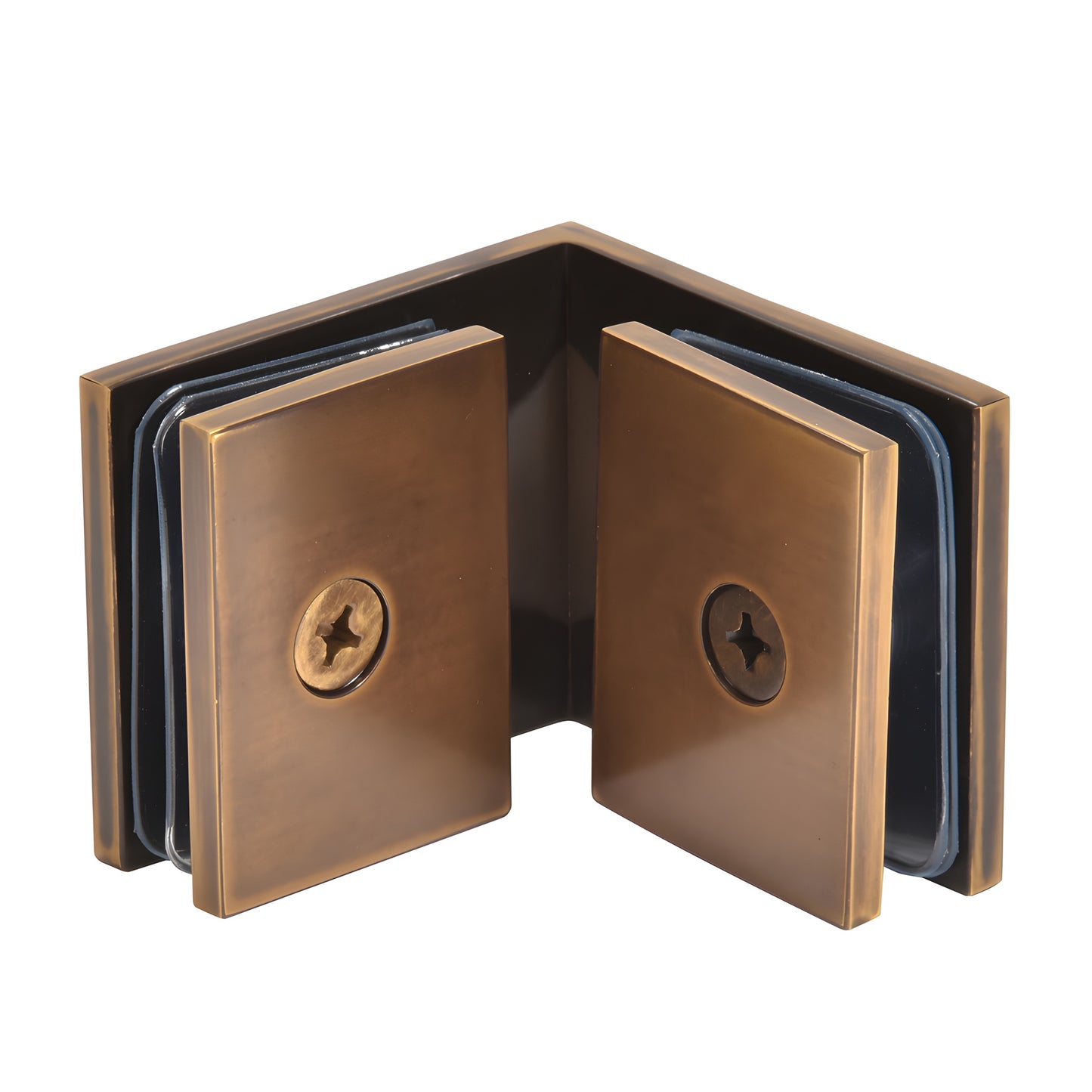 Vintage brass 90 solid brass glass-to-glass clamp for 3/8-1/2 shower panels (SKU SGC90VBR)