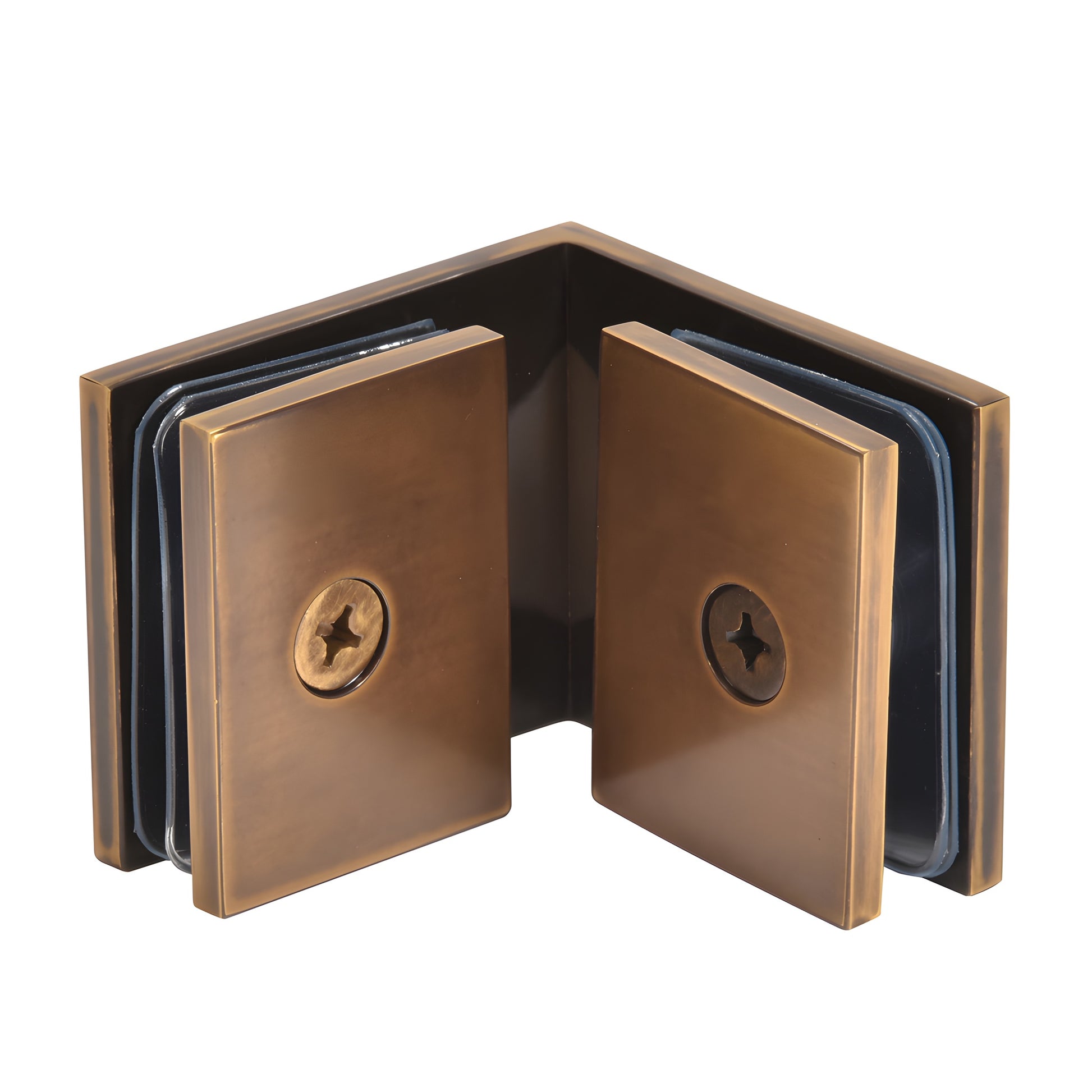 Vintage brass 90 solid brass glass-to-glass clamp for 3/8-1/2 shower panels (SKU SGC90VBR)