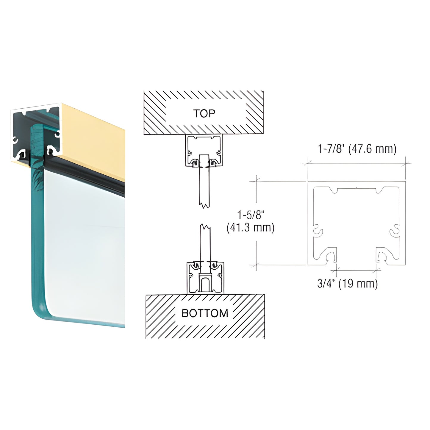 NH2SBCL satin brass wide U-channel / narrow header for 3/8 glass, 1 5/8 H 1 7/8 W, profile and installation diagram.