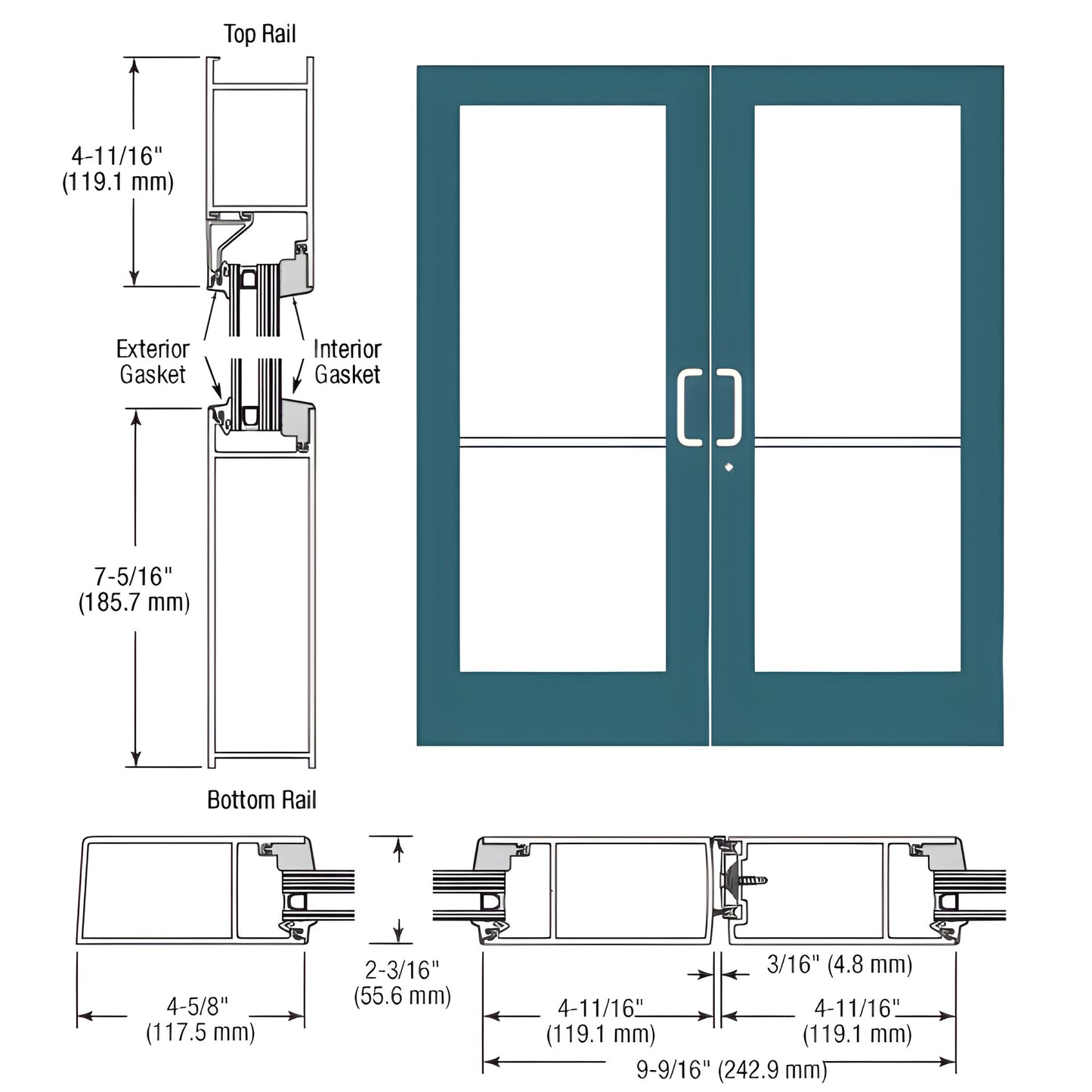 SF62871 impact-rated medium stile double entrance pair, teal Kynar finish, fits 1-5/16" impact glass