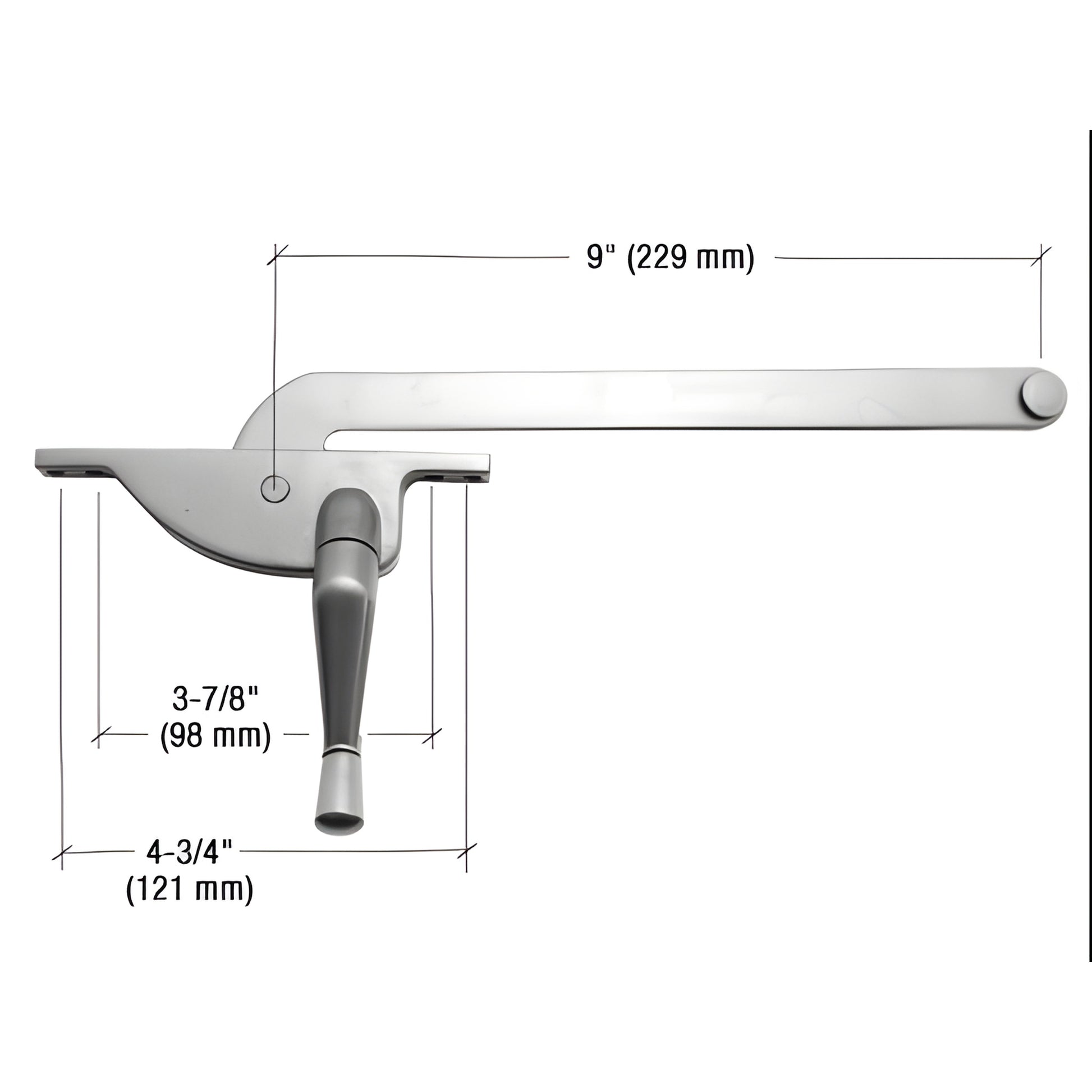 Left-hand aluminum casement window operator with teardrop handle and 8" arm, mounting hole dimensions shown.