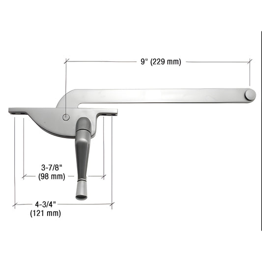 Left-hand aluminum casement window operator with teardrop handle and 8" arm, mounting hole dimensions shown.