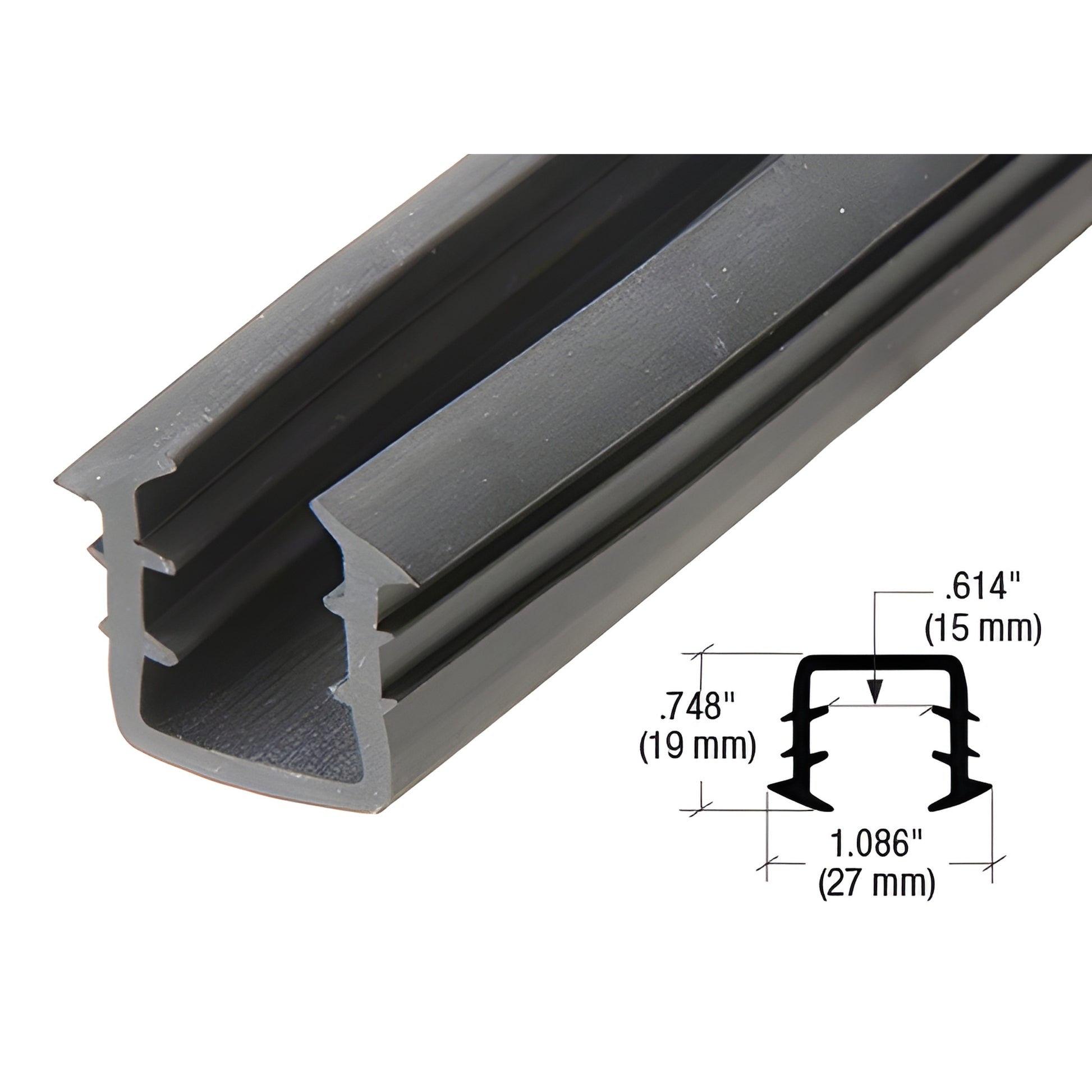 Black rubber insert GRRF1515PV for GRRF15 cap rail - protects glass edges; fits 12-16mm glass, 240in roll