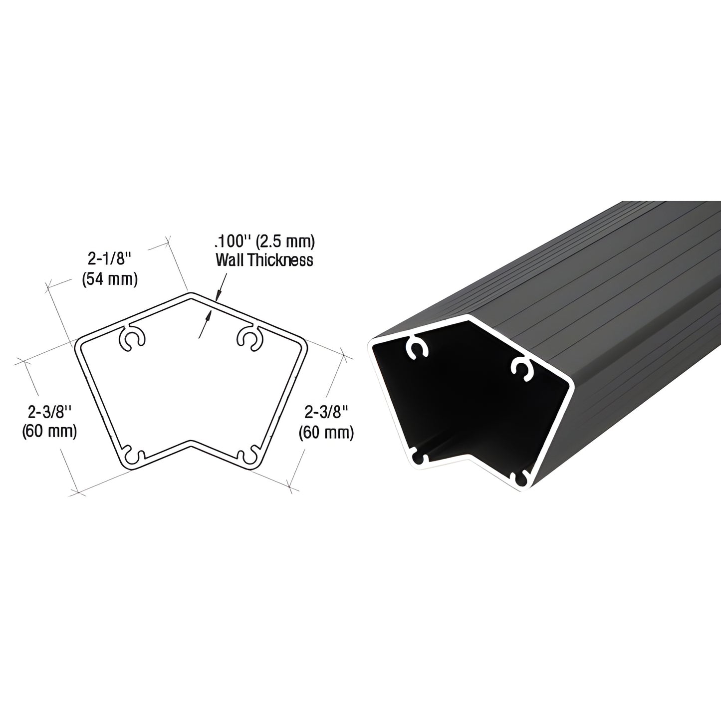 Matte black 135 CRL aluminum fascia post, pentagon cross section, 2 3/8" sides, .100" wall thickness.