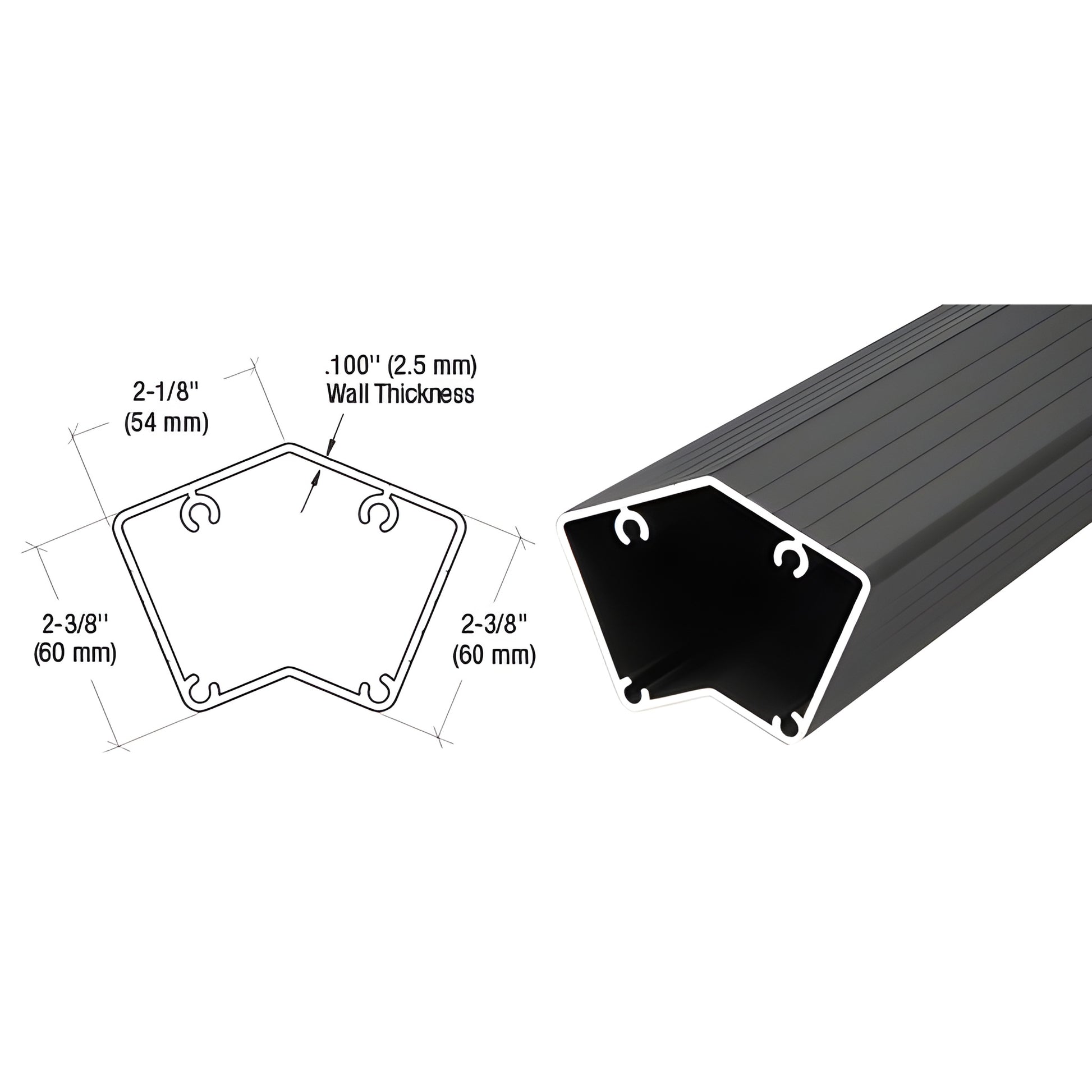 Matte black 135 CRL aluminum fascia post, pentagon cross section, 2 3/8" sides, .100" wall thickness.