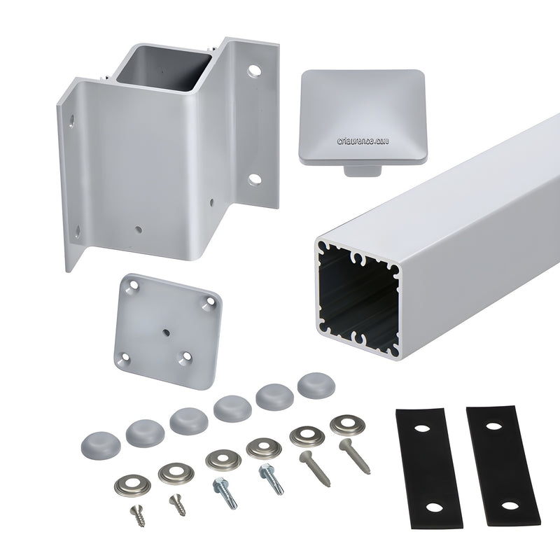 Inside 90 fascia mount post kit SKU 1FP9142KM - mill aluminum 2-3/8 square post with bracket, cap and hardware