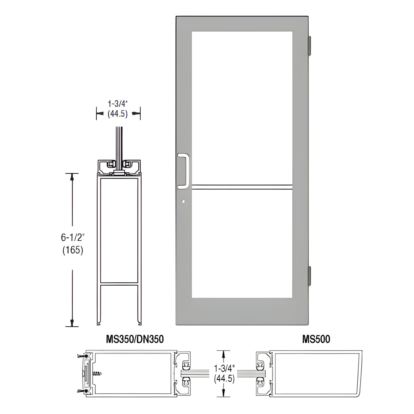 DC42511LA36 - 36x84 clear anodized medium stile commercial door active leaf, prepped with hinges and three point lock hardwar
