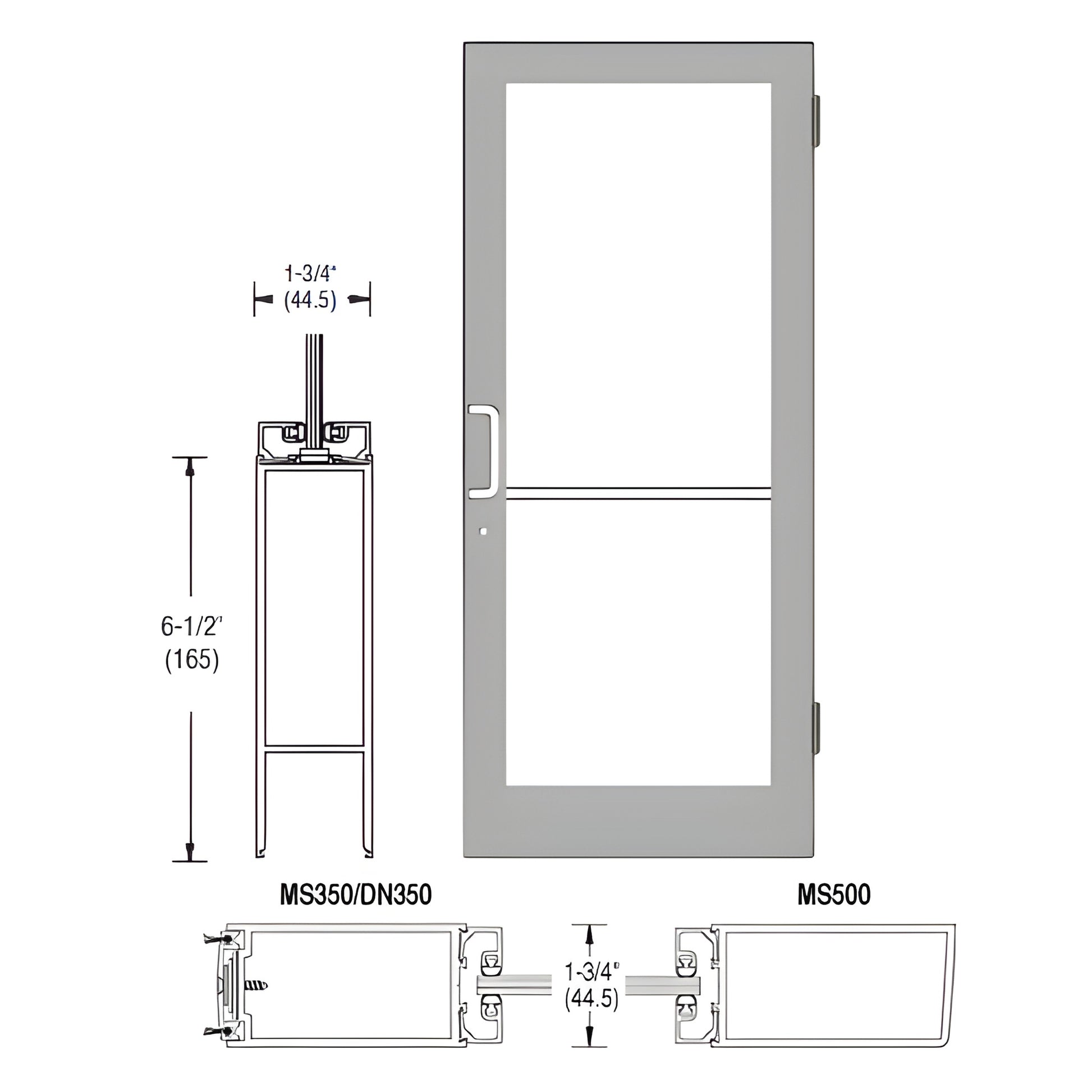 DC42511LA36 - 36x84 clear anodized medium stile commercial door active leaf, prepped with hinges and three point lock hardwar