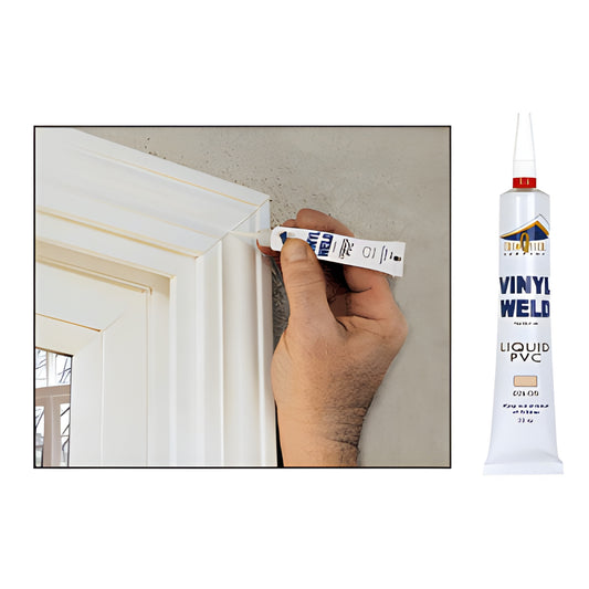 VW1T TrimQuick tan 1/2 oz Vinyl Weld tube beside hand applying PVC weld adhesive to white vinyl trim