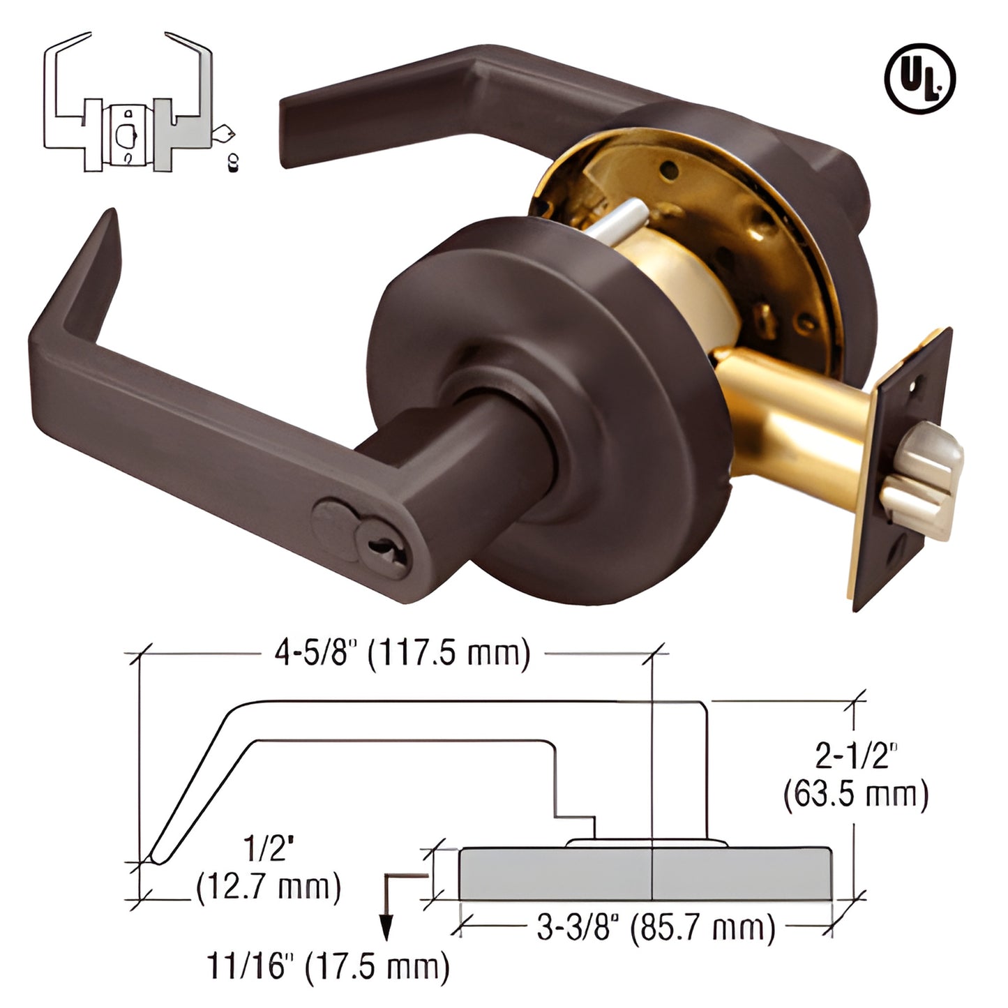 Oil-rubbed bronze commercial storeroom lever lockset, Grade 1, UL 3-hour fire rated, 7 pin SFIC option.