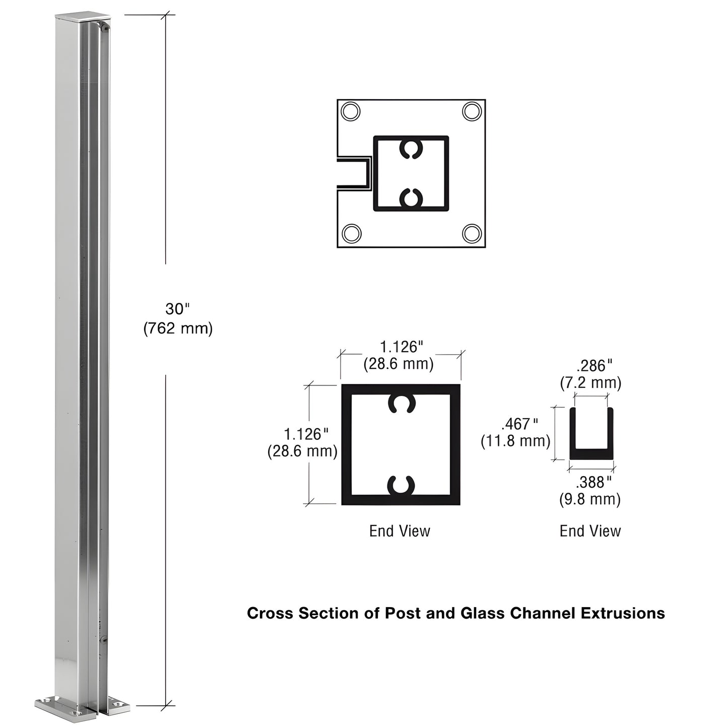 Brite-anodized aluminum square end post with full-length U-channel for 1/4 glass, 30 height, flat cap and base.
