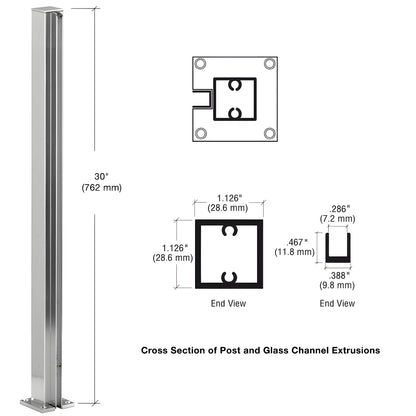 Brite-anodized aluminum square end post with full-length U-channel for 1/4 glass, 30 height, flat cap and base.