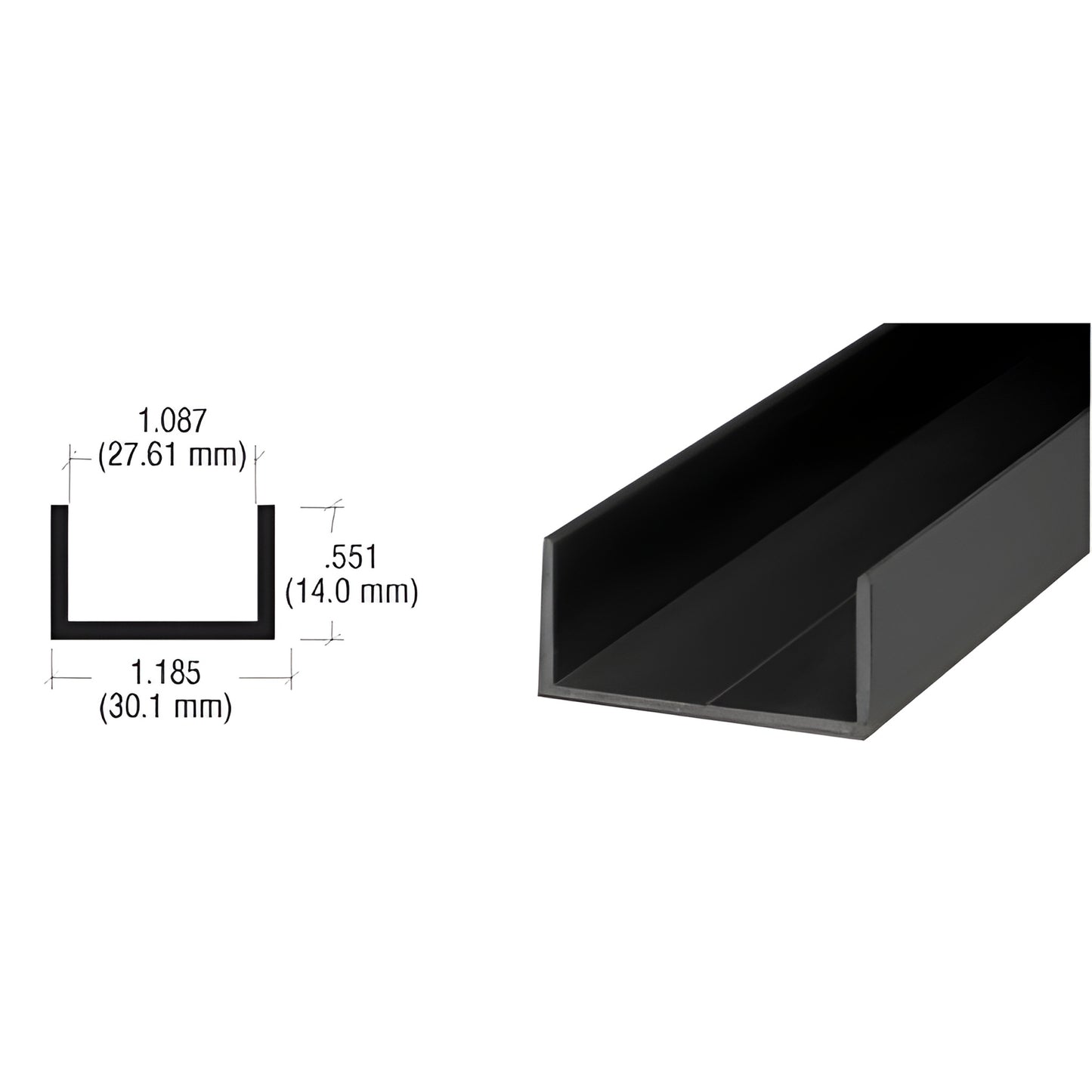 D600BL matte black 1 1/16 wide aluminum U channel (1.185 w, 0.551 h) for sliding door jambs, 12' length