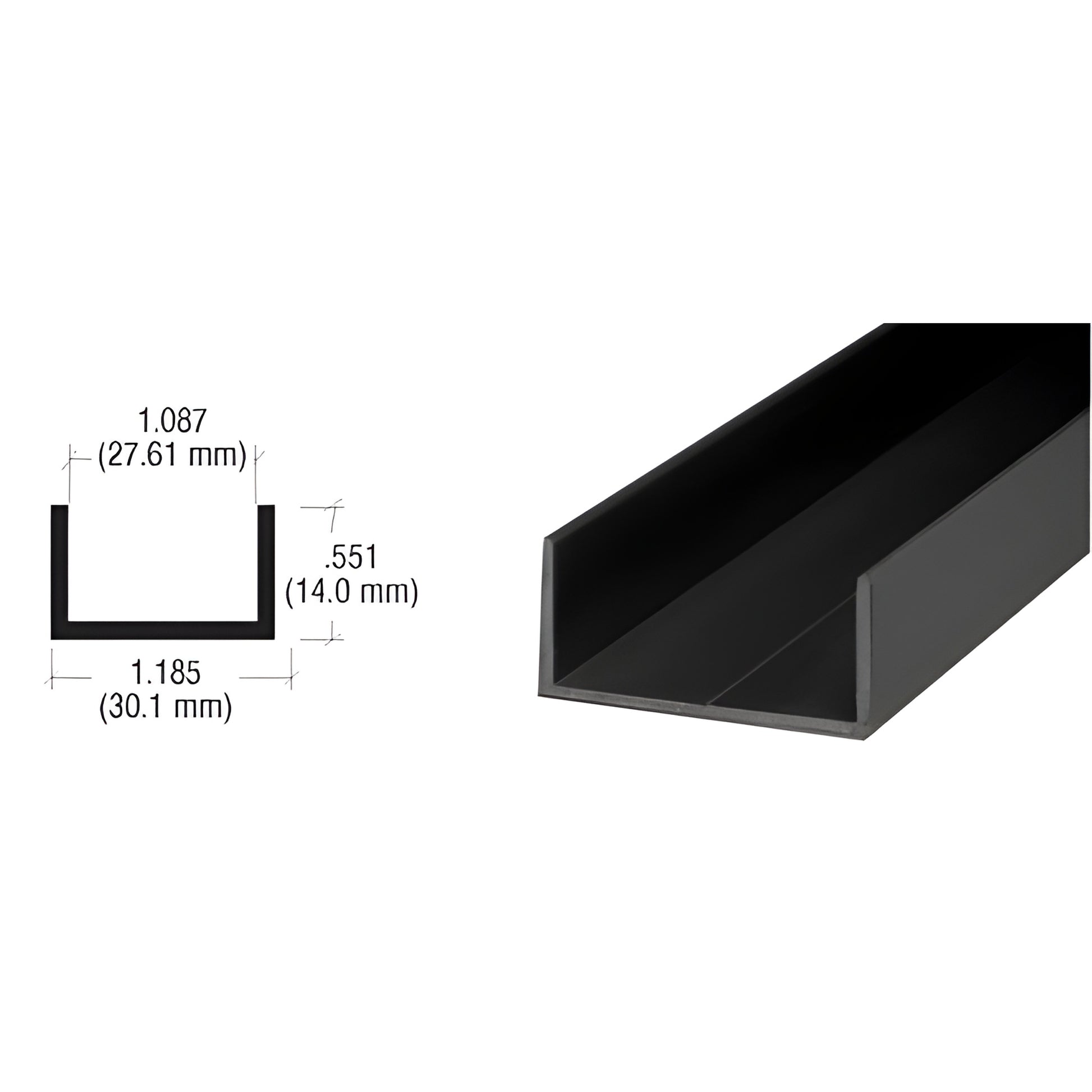 D600BL matte black 1 1/16 wide aluminum U channel (1.185 w, 0.551 h) for sliding door jambs, 12' length