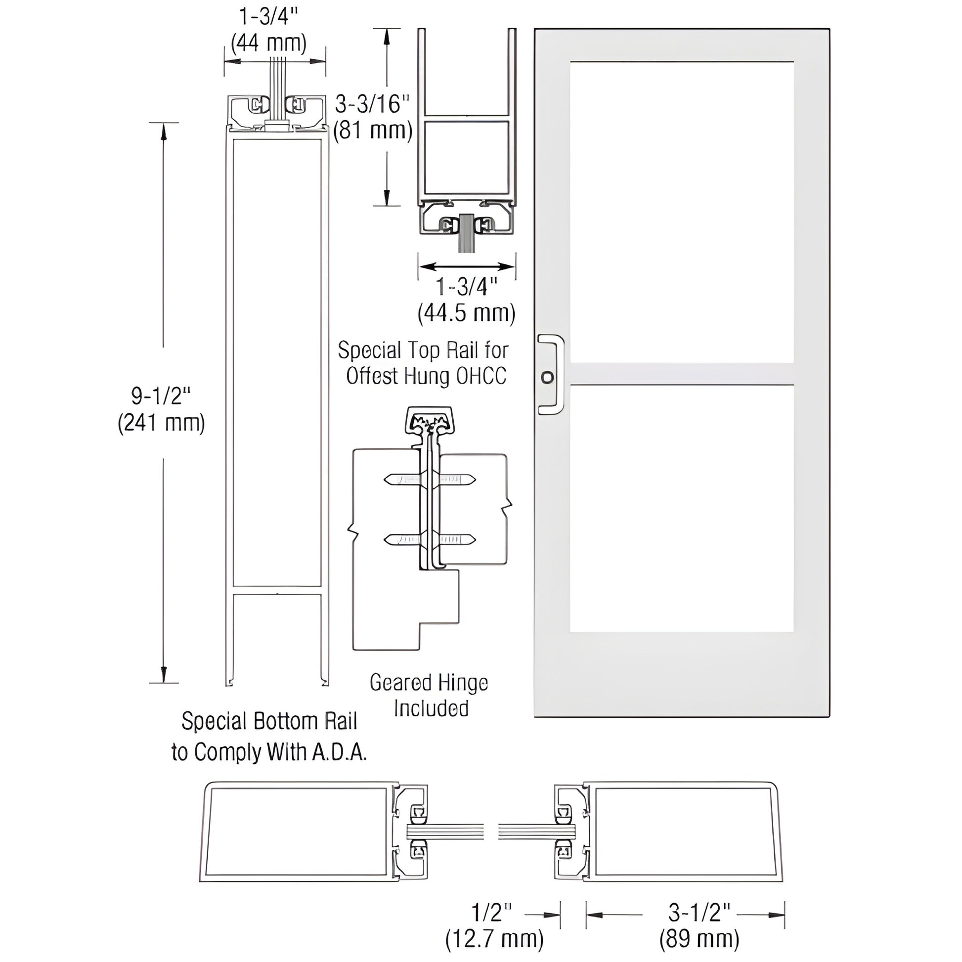 CZ41952 White medium-stile storefront entrance door with ADA bottom rail, 1/4" glass pocket, panic hardware included.
