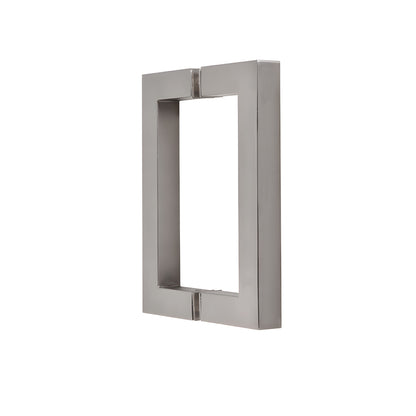 SQ6X6SN satin nickel square corner back to back glass pull handle, 6" C to C, 3/4" brass tube, fits 6-12 mm tempered glass