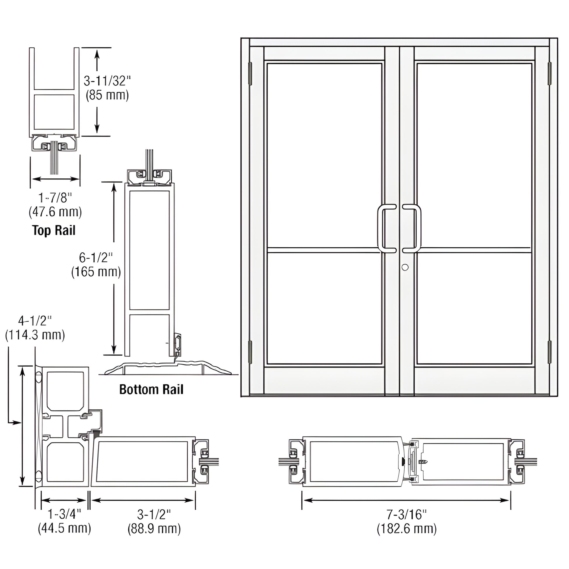 Custom Durafront MS double entrance door, White Kynar, commercial, 6-1/2" bottom rail, SKU DC82552