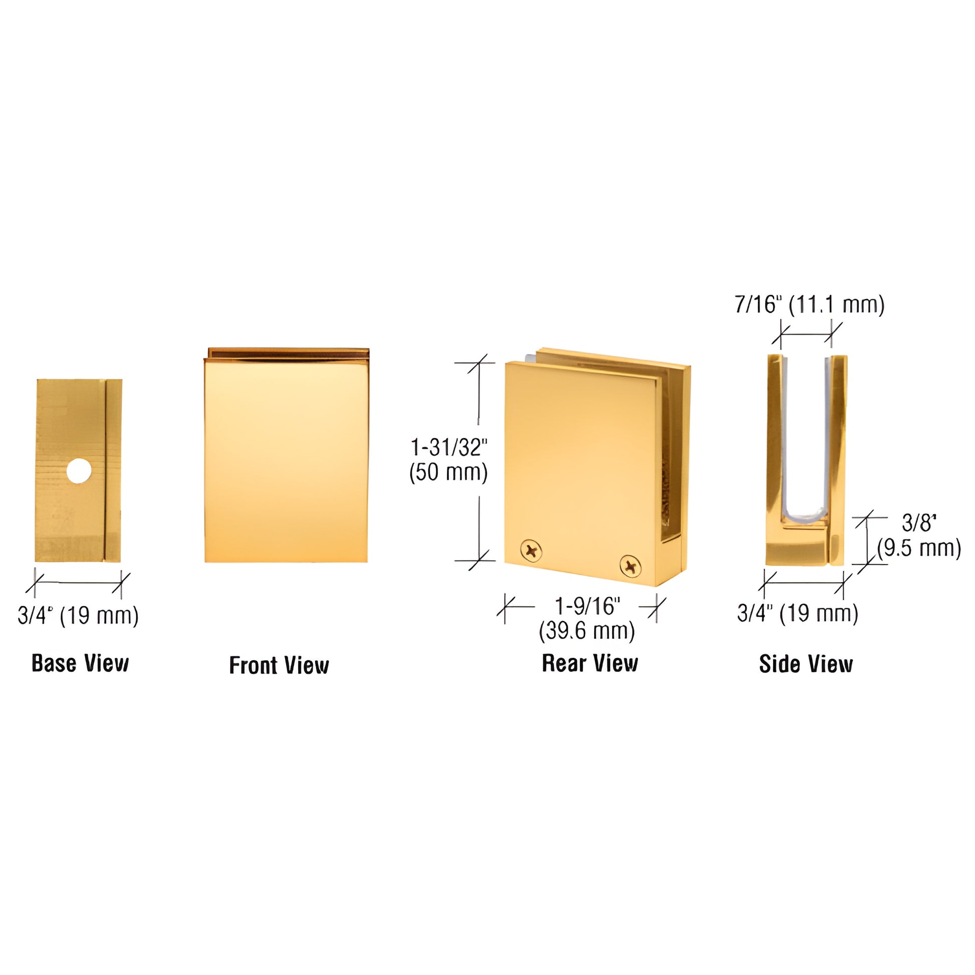EH14 polished brass glass face plate clamp for 1/4-3/8" (6-10 mm) glass, rectangular clamp with removable faceplate.