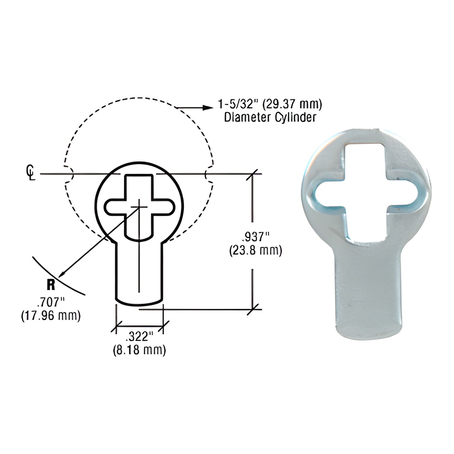 DRA10CAM CRL AR-style cylinder cam for DRA mortise cylinders, chrome cam piece, 29.3mm dia, 0.937in length.