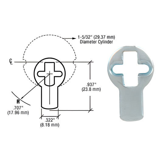 DRA10CAM CRL AR-style cylinder cam for DRA mortise cylinders, chrome cam piece, 29.3mm dia, 0.937in length.