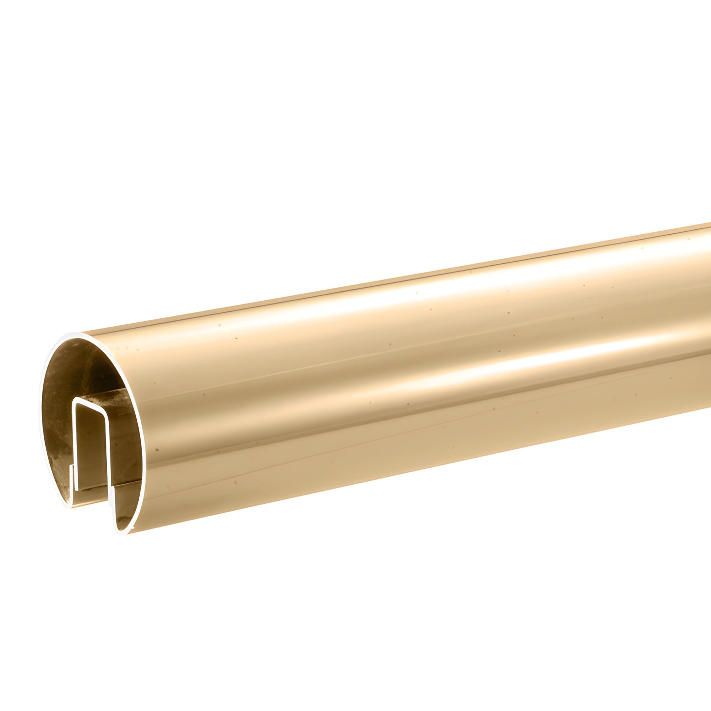 GR25PB polished brass cap rail, 2-1/2 in diameter with welded internal channel - 120 in stock length