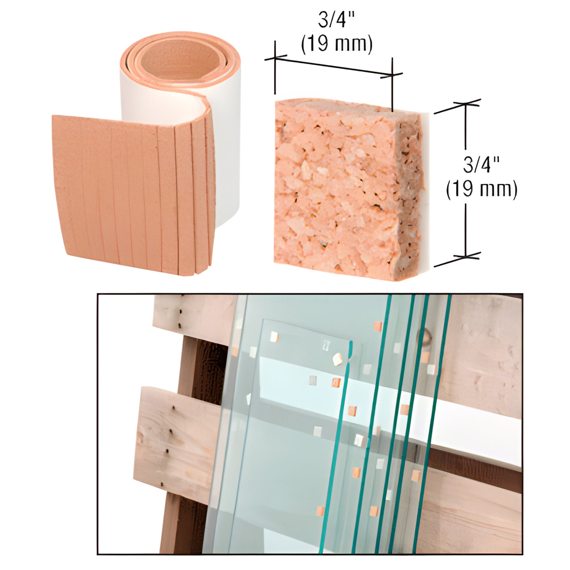 CNA34 non-adhesive laminated cork shipping pads roll, 3/4" x 1/4" pre-cut pads shown between glass panes