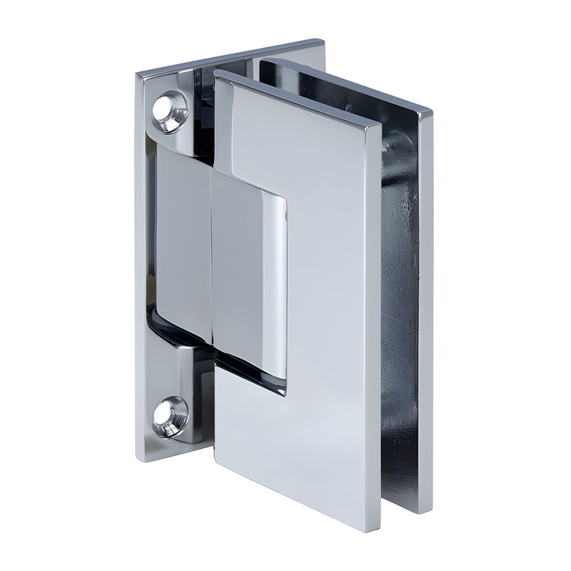 GEN537CH polished chrome brass shower hinge for 8-12mm tempered glass, wall-mount, self-centering, square edge.