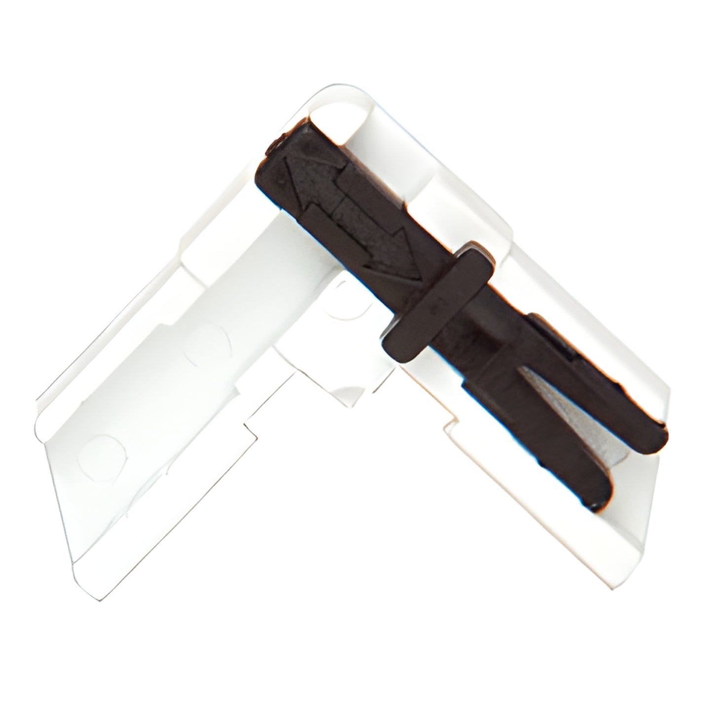 White plastic square-cut screen frame corner with black slide lock, fits 5/16 in frames - SKU PL16404